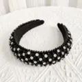 Black padded rhinestone headband with crystal beads, elegant wide hair hoop accessory. - Black Pearl Rhinestone Headband