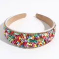 Close-up detail view of a wide colorful beaded and jeweled fashion hair hoop headband for women. - Colorful Bead Rhinestone Style