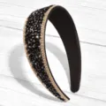 Black wide rhinestone headband with gold and crystal beads, elegant hair accessory for women. - Black Base Black Gold Crystal Beaded Style