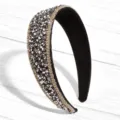 Elegant wide crystal headband with sparkling silver beads and black velvet lining for women. - Black Base Silver Gray Crystal Beaded Style