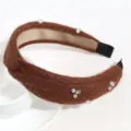 Sweet brown knitted pearl headband with rhinestones, chic wide hair hoop for women daily wear. - Brown with Artificial Pearls and Rhinestones