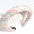 Tweed padded headband in pink and green, chic hair hoop for daily wear and party styling. - Pink & Green