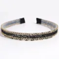Korean style rhinestone headband thin metal frame with sparkling black crystal and gold chain detail - Double Chain Black