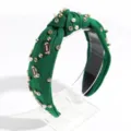 Green knotted headband with pearls, rhinestones and cute football charms, chic hair accessory. - Dark Green