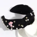 Black knotted headband with pearls rhinestones, stylish sweet hair accessory for daily wear. - Bow knot Black