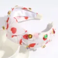 Valentine heart headband wide knotted hair hoop with faux pearls and colorful crystal gems - White Dark Pink Heart Print