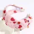 Pink wide knotted headband with red hearts, pearls, and crystal rhinestones for women. - Dark Pink Heart Print