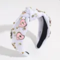 Fashion white knotted headband with pink heart charms pearls rhinestones wide hair hoop cute - White Heart Flower