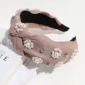 Diadema de perlas y strass para mujer, aro de pelo ancho retro, elegante accesorio de moda chic - Marrón