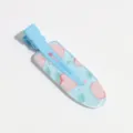 Detail shot of blue duckbill hair clip with sweet peach pattern, cute fruit style accessory. - Heart Blue