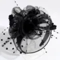 Black mesh fascinator headband detail, elegant party hair accessory with floral mesh feathers. - Black Flower Mesh