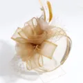 Close-up detail of the elegant gold court-style mesh fascinator headband with feathers and pearls. - Feather Champagne