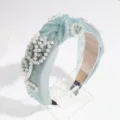 Diadema nudo de malla y perlas verde menta elegante, accesorio para el cabello vintage para mujeres. - Flor Perla Verde