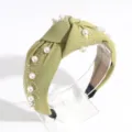 Olive green knotted headband featuring faux pearls and sparkling rhinestones for chic daily style. - Green 1