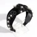 Diadema ancha negra con perlas y estrás, elegante cinta para el pelo con nudo. - Perla con Strass Negra
