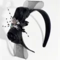 Elegant black floral headband with mesh veil and crystal beads for party and banquet. - Black Two Roses