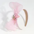 Pink mesh headband with crystal beads and bow, elegant party hair accessories for women. - Pink Large Bow