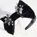 Elegant black satin bow headband decorated with crystal beads and pearls for women party. - Black Satin Bow