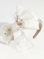 Elegant white satin bow crystal headband luxury pearl hair accessories for party banquet wear - Beige Satin Bow