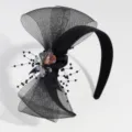 Black mesh fascinator headband elegant crystal beaded party hair accessory for women - Large Bow - Gray Polka Dot