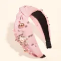 Diadema rosa con nudo para mujer, elegante accesorio para el cabello con perlas y cuentas. - Perla de Red Rosa