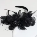 Black feather mesh headband elegant party hair hoop for women fashion banquet accessory - Large Petal Black