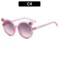 Pink glitter round kids sunglasses with rhinestone flower ears and gradient lenses. - Transparent Pink Frame Gray Pink Lens (61086) / Transparent Pink