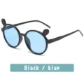 Kids cute rabbit ear sunglasses with black round frame and light blue lenses for children. - Shiny Black Frame Blue Lens