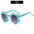 Kids floral sunglasses for boys and girls, cute blue flower frame fashion shades. - Blue Frame with Double Gray Lens