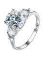 Bague moissanite en argent S925 trois pierres taille ronde cœur élégant bijoux femme - Taille 7 / Bague en moissanite / Or blanc