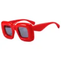Trendy red chunky puffy square sunglasses for women, bold fashion statement eyewear. - Red Frame Grey Lens