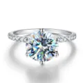 Eleganter Sechserkrappen-Moissanit-Ring mit Pave-Band, funkelnder runder Stein für Antrag. - US-Größe 5 / 3 ct / Weiß