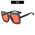 Grote Vierkante Strass Zonnebril Retro Disco Bril UV400 Trendy Feest Brillen - C2-Zwart Frame Rode Lenzen
