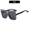 Zwarte vierkante strass zonnebril, trendy disco mode bril, chique retro zonnebril c1 - Glanzend Zwart Frame Grijze Lenzen
