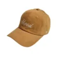 Braune Cord-Baseballkappe im Detail, mit weißer Stickerei Mood, bequemer Alltagssstil. - Camel