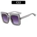 Grote vierkante strass zonnebril voor dames, modieuze disco gradient lens brillen. - C12 - Transparant grijs montuur grijze gradiënt glazen