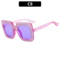 Grote vierkante strass zonnebril met paarse lenzen en roze montuur voor disco feestjes. - C8-Trans Paars Paarse Lens