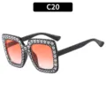 C20 vierkante strass zonnebril dames, trendy disco oversized bril met verlooplenzen. - C20 - Glanzend zwart montuur rode gradiënt glazen