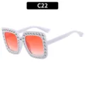 Vierkante Strass Zonnebril Wit Verloop Oranje Feest Bril Trendy Party Eyewear - C22 - Porseleinwit montuur rode gradiënt glazen