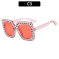 Vierkante strass zonnebril voor dames, trendy roze montuur met rode glazen, model C3. - C3-Donkerroze montuur met donkerroze glazen