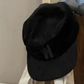 Black corduroy flat top equestrian hat, detailed embroidery, winter street style cap - Black
