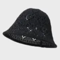 Schwarzer Mesh Strick Fischerhut Detail, atmungsaktives hohles Design fur Sommer. - Schwarz