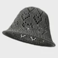Close-up of dark gray hollow-out knit bucket hat showing breathable mesh texture details. - Gray