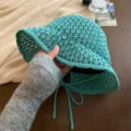 Sommer hohler Strick Häkel Bucket Hat mit Kordelzug, stilvolle mintgrüne Sonnenschutzkappe - M (56-58cm) / Minzgrün
