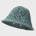 Knitted bucket hat detail showing breathable crochet pattern and fine texture summer design - Teal
