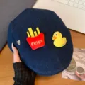 Bonita boina de mezclilla con patatas fritas pato para mujer gorro pintor chic - 56-58cm / Gorra plana de patatas fritas