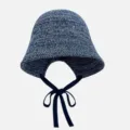 Blue knitted bucket hat with ribbon ties, perfect for spring summer sun protection and stylish wear. - M (56-58cm) / Navy Blue