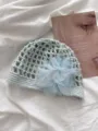 Light blue hollow crochet hat with mesh design and elegant tulle flower decoration. - M (56-58cm) / Mint