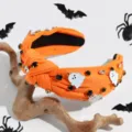 Halloween orange knotted fabric headband with cute ghost charms and sparkly rhinestones. - Orange