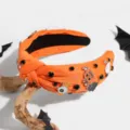 Halloween rhinestone knotted headband detail, orange wide hair hoop with spooky charms. - Orange